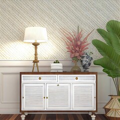 A beautiful white british colonial wooden console sideboard with louvered doors and drawer in a living room. Lamp, Vase, Leafs plant, Wooden floor, Dots wallpaper, Rugs, Rattan basket, Home Decor, 3D