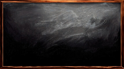 Mood background vintage black dirty chalkboard in wooden frame with chalk on the surface,  Generative AI	
