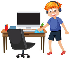 Boy cleaning computer desk