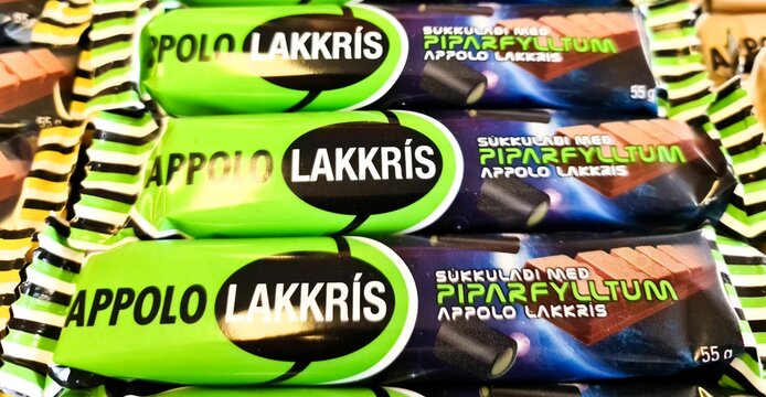 Icelandic brand Apollo Lakkris licorice bars in a supermarket