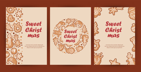 Templates with gingerbread cookies for Holiday Baking Party, Invitation for Cookie decoration celebration, Cookie exchange, Christmas greeting card. Place for text. Vector illustration.