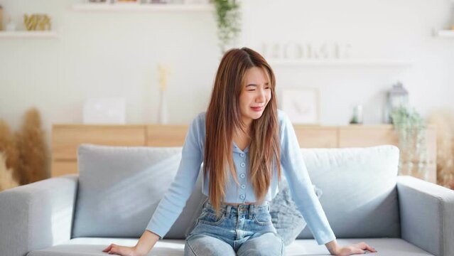 Young asian woman upset , sadness and frustrated by problem with work or relationships. Feeling despair and anxiety, loneliness, having psychological trouble