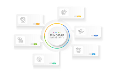 Infographic template for business. 6 Steps Modern Mindmap diagram with circle title topics, presentation vector infographic with PNG transparent background.