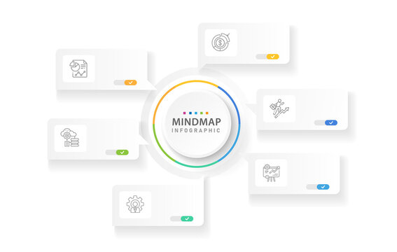 Infographic template for business. 6 Steps Modern Mindmap diagram with circle title topics, presentation vector infographic with PNG transparent background.