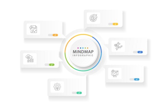 Infographic template for business. 6 Steps Modern Mindmap diagram with circle title topics, presentation vector infographic with PNG transparent background.