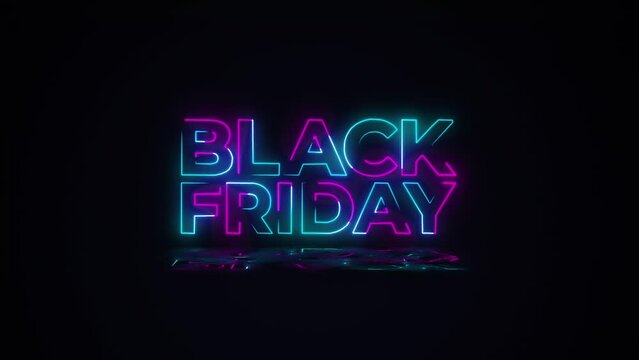 Black Friday graphic text animation. Neon sign style with reflections. Text zooms out onto screen then flickers. Blue and Pink