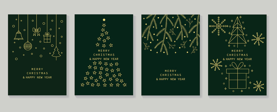 Set of luxury christmas and new year card art deco design vector. Bauble ball, pine leaf, christmas tree gold line art on dark green background. Design for cover, greeting card, print, post, website.