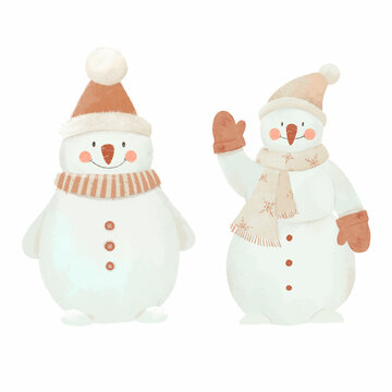 Beautiful Christmas image with cute hand drawn winter snowman. Stock illustration. Spruce forest. Celebration clip art.