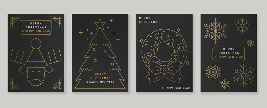 Set of luxury christmas and new year card art deco design vector. Christmas element gold line of reindeer, tree, snowflake on dark background. Design for cover, greeting card, print, post, website.