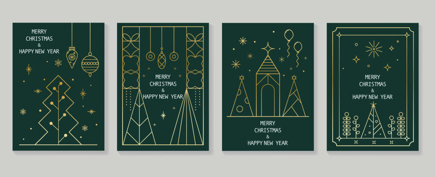 Set of luxury christmas and new year card art deco design vector. Elegant gradient gold line art of geometric christmas tree, bauble, balloon. Design for cover, greeting card, print, post, website.