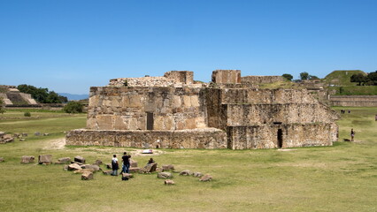 Overhead view of a structure in the Main Plaza, seen from the South Platform at Monte Alban, in Oaxaca, Mexico