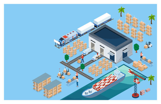 3D isometric Global logistics solutions landing page concept with Smart Logistics, Business logistics, Warehouse Logistic, Online delivery, Export and Import. Vector illustration sps10