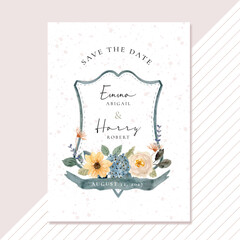 save the date card with watercolor floral wedding crest