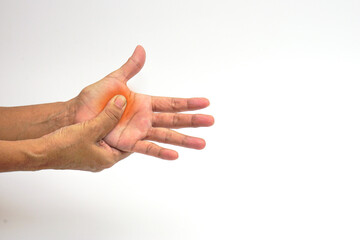 Hand of a woman suffering from palm pain on white background with clipping path. Healthcare and office syndrome concept.