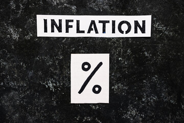 Inflation text with percentage symbol on dark background, economic struggles after the pandemic