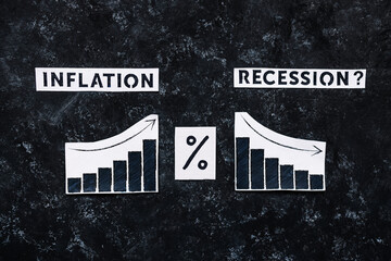 Inflation and Recession text with percentage symbol and charts showing cost of living going up  and...