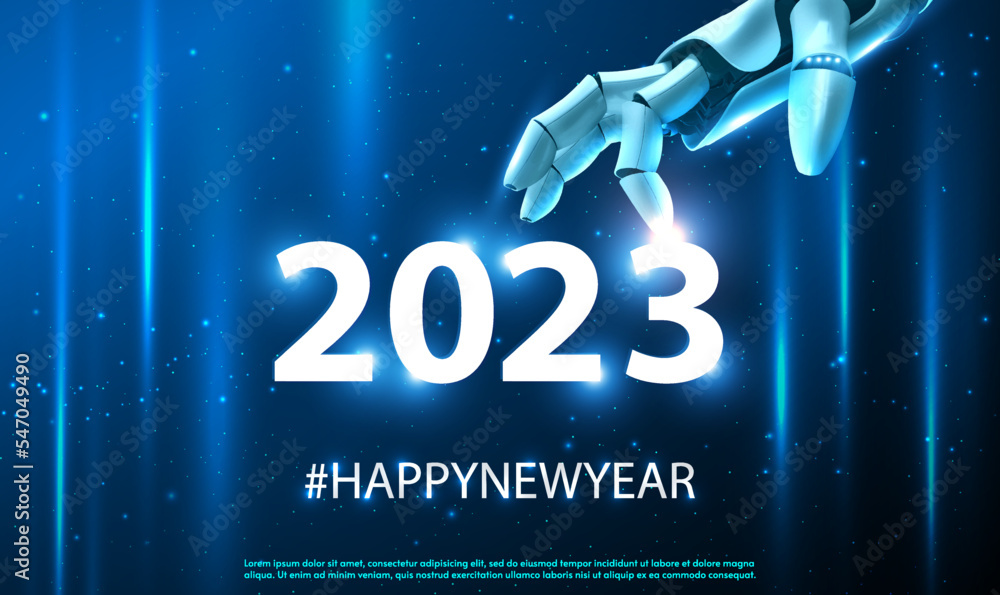 Poster the robot mechanical arm or hand presses the year 2023. 3d robot pointing finger on word 2023. scien