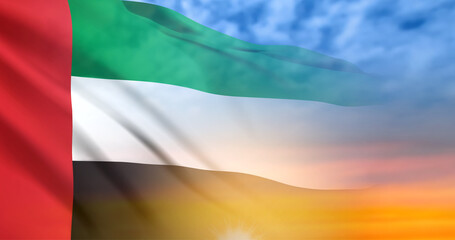 UAE flag on background of sunset or sunrise. Concept for National Holidays