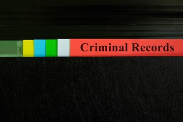 Criminal records file in black binder folder. Police record background check concept.