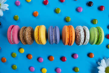 Colorful Macarons Dessert Blue Background Photo, Uskudar Istanbul, Turkey