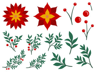 Christmas Holly Leaves with Flowers Illustration Set