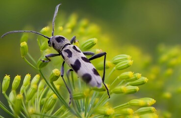 Macro shot of a black and white beetle on beautiful yellow dill flowers in a garden