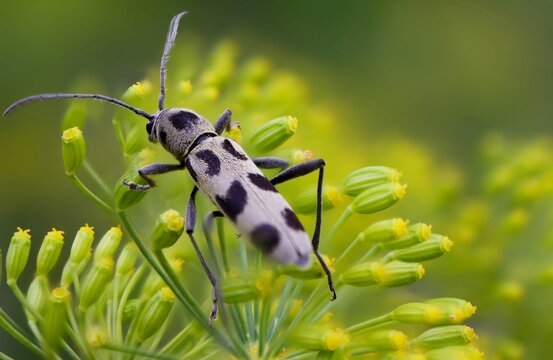 Macro shot of a black and white beetle on beautiful yellow dill flowers in a garden