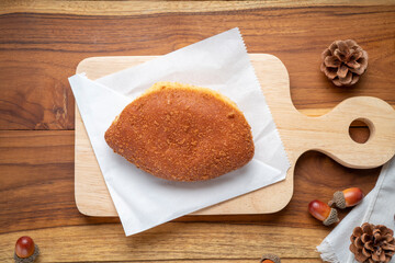 Fried Doughnut Toast with Soy Chicken Filling, snack or breakfast bread. Curry Bread 0r Japaness bun Asian style.