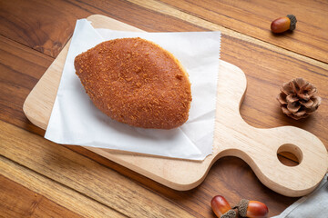 Fried Doughnut Toast with Soy Chicken Filling, snack or breakfast bread. Curry Bread 0r Japaness bun Asian style.