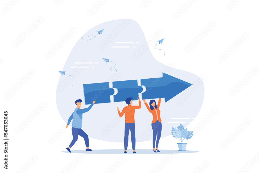 Poster teamwork connecting jigsaw puzzle metaphor of solving problem together, business direction or collab