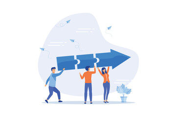 Teamwork connecting jigsaw puzzle metaphor of solving problem together, business direction or collaborate for winning and achieve success concept, flat vector modern illustration