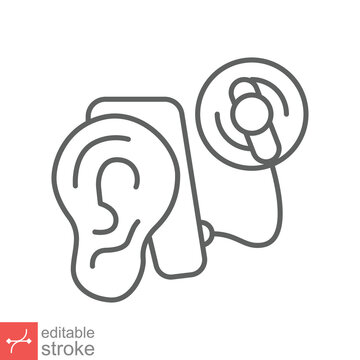 Cochlear implant icon. Simple outline style. Cybernetics, human ear with electronic device, technology, medical concept. Line vector illustration isolated on white background. Editable stroke EPS 10.