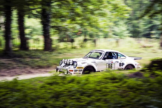 White Rally Car Racing On The Road Through A Green Forest At The Goodwood Festival Of Speed