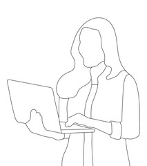 Woman holding Laptop line art, illustration, vector, cartoon, caricature