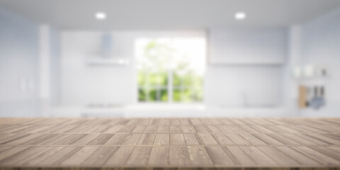 3d rendering of wood counter, table top. Include blur kitchen, light from window and nature. Modern interior design in perspective. Empty space with wooden texture pattern at surface for background.
