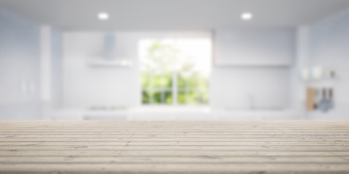 3d rendering of old plank or wood counter, table top. Include blur kitchen, light from window and nature. Modern interior design in perspective. Empty space with wooden texture pattern for background.