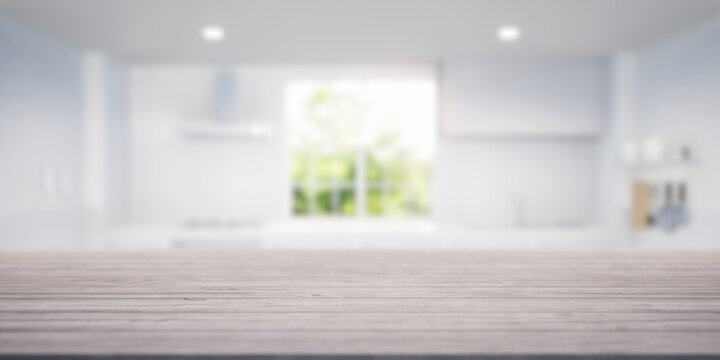 3d rendering of wood counter, table top. Include blur kitchen, light from window and nature. Modern interior design in perspective. Empty space with wooden texture pattern at surface for background.
