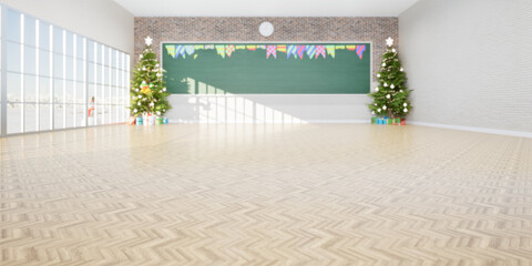 3d rendering of empty classroom consist of parquet wood floor, board or chalkboard, christmas tree and gift for teacher, student to teach, study and celebration. Background for education, christmas.