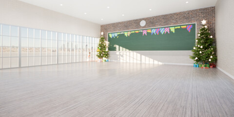 3d rendering of empty classroom consist of maple wood floor, board or chalkboard, christmas tree...