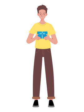 flat vector, cartoon style illustration, happy man holds gift box in his hand