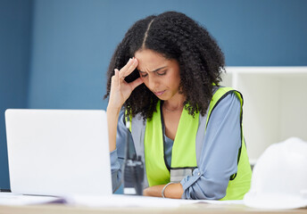 Construction, stress and woman engineer at laptop, architect or contractor in office with headache...