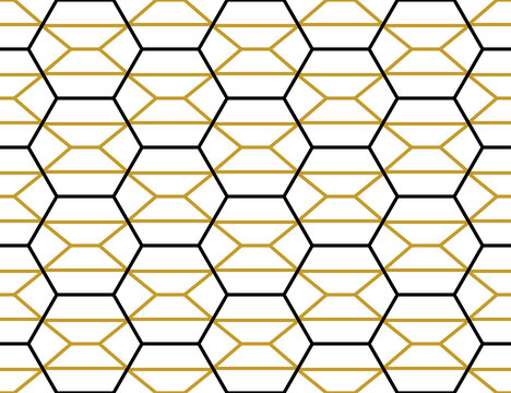 Simple contemporary repeat hexagons geometric pattern in black and gold outline colors, PNG transparent background