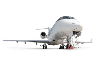 Luxury executive airplane with an opened gangway door isolated on white background