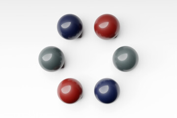 3d illustration of a  blue, gray  and red sphere on a white  background. Digital metaball background