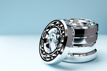 3D illustration set of  roller bearing on blue background isolated. Metal  autotechnology background.  Part of the car