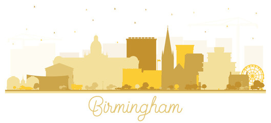 Birmingham UK City Skyline Silhouette with Golden Buildings Isolated on White.