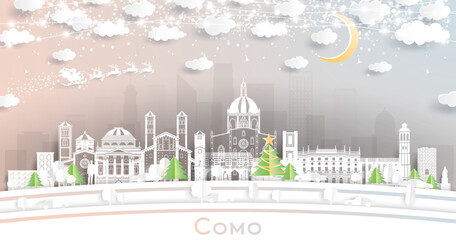 Como Italy City Skyline in Paper Cut Style with Snowflakes, Moon and Neon Garland.