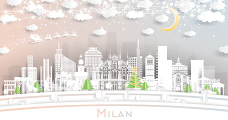 Milan Italy City Skyline in Paper Cut Style with Snowflakes, Moon and Neon Garland.