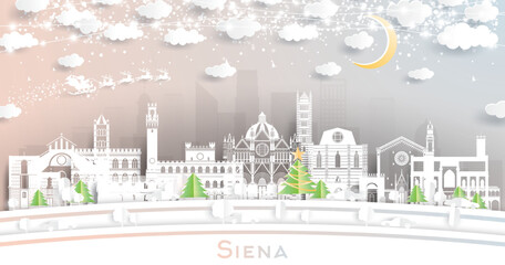 Siena Tuscany Italy City Skyline in Paper Cut Style with Snowflakes, Moon and Neon Garland.
