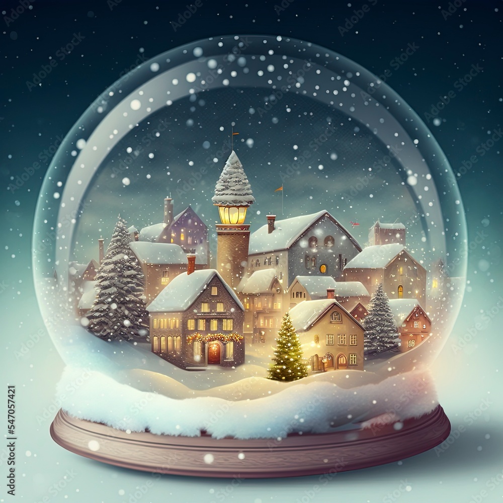 Canvas Prints winter wonderland with little town and christmas tree inside a snow globe , snowing, festive.